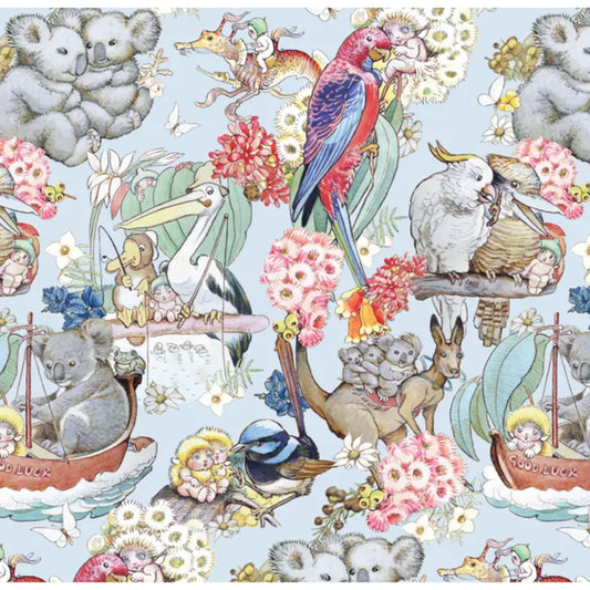 May Gibbs Gumnut Adventures Light Blue Wideback 108" MG2003 - per metre length