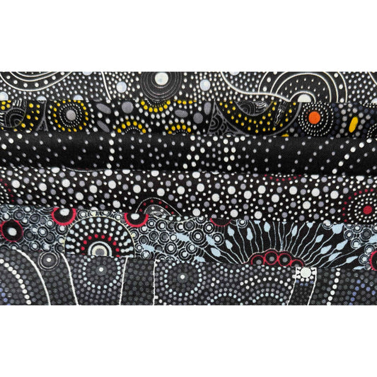 Indigenous Australian Prints BLACK - 6 pieces each 30cm x 55 cm (Equivalent to 90cm)