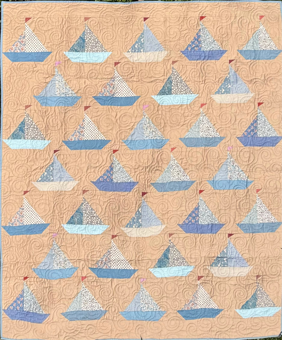 Handmade Tilda Sailboats Single Bed Quilt - Suitable for a Single Bed - 54" x 65" (137 × 165 cm)