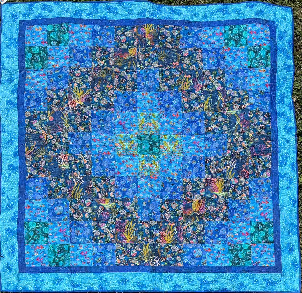 Handmade Under the Sea Patchwork Throw Quilt 65" x 65" (165 × 165 cm)