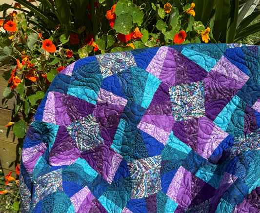Handmade Jewel Tones Patchwork Throw Quilt 52" x 52" (132 × 132 cm)