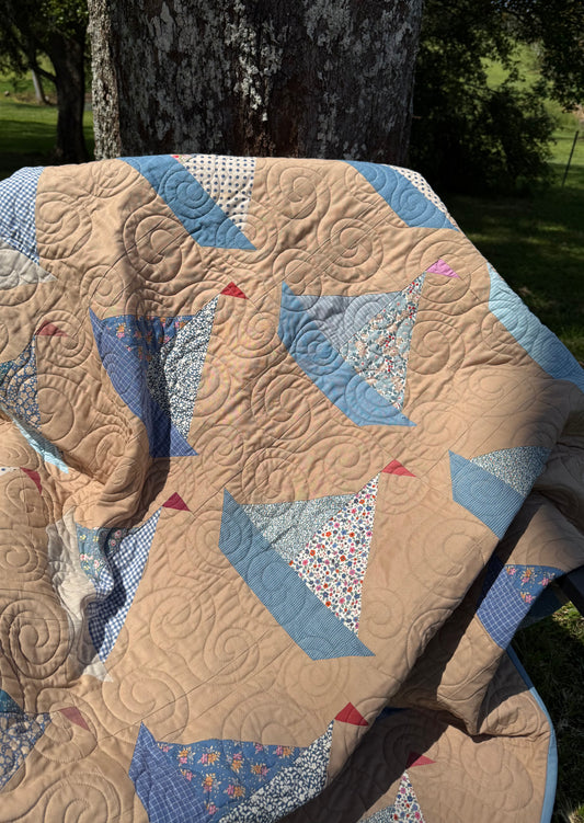 Handmade Tilda Sailboats Single Bed Quilt - Suitable for a Single Bed - 54" x 65" (137 × 165 cm)
