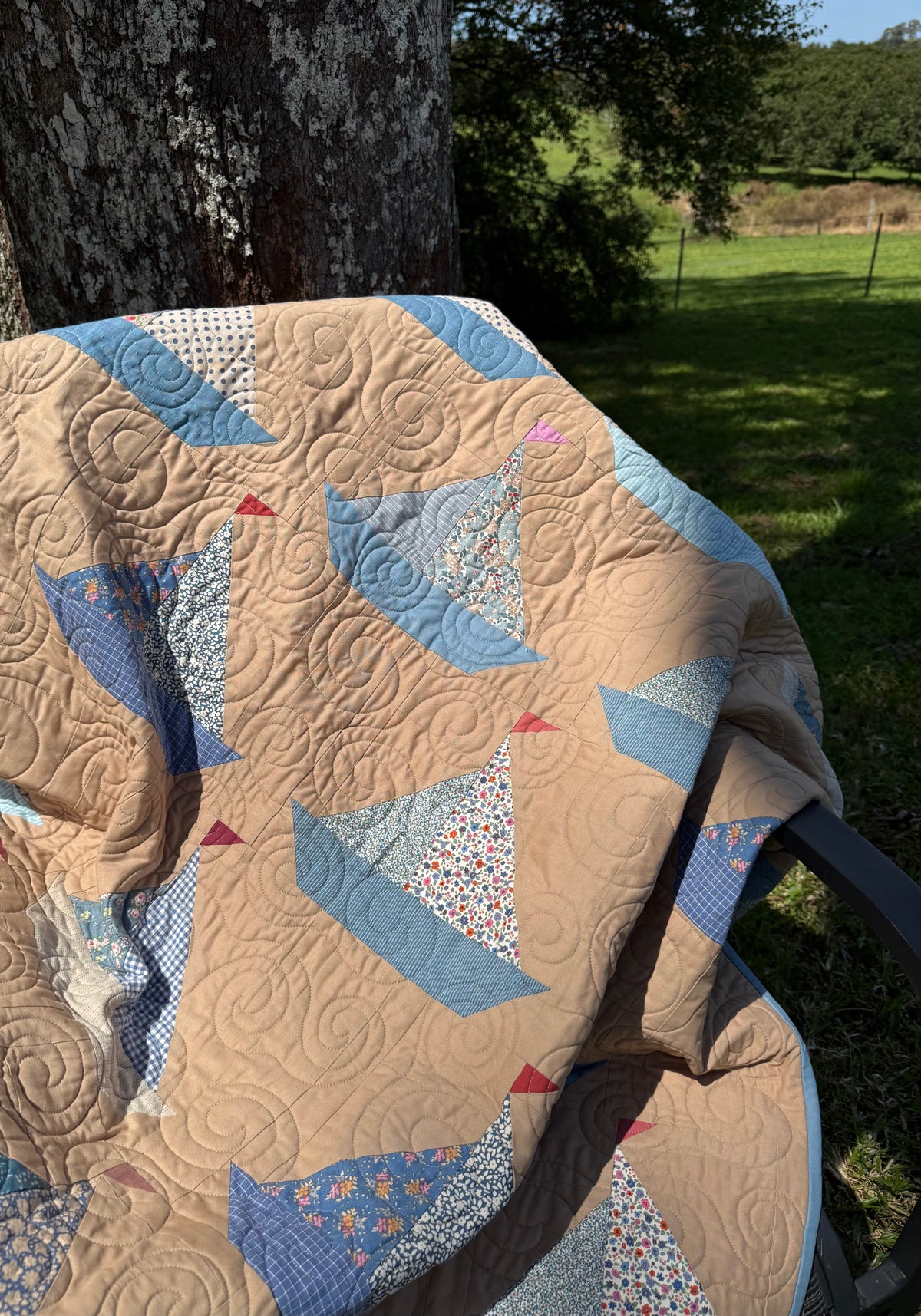 Handmade Tilda Sailboats Single Bed Quilt - Suitable for a Single Bed - 54" x 65" (137 × 165 cm)