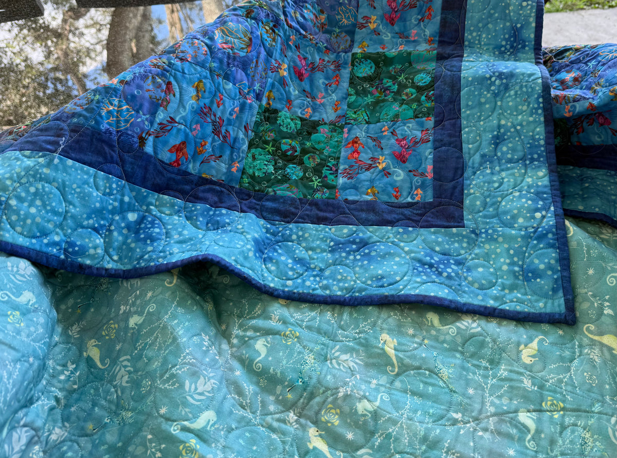 Handmade Under the Sea Patchwork Throw Quilt 65" x 65" (165 × 165 cm)