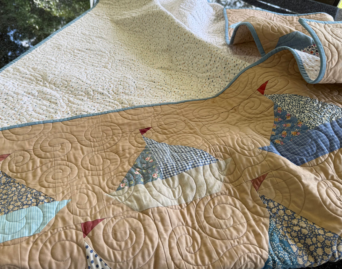 Handmade Tilda Sailboats Single Bed Quilt - Suitable for a Single Bed - 54" x 65" (137 × 165 cm)